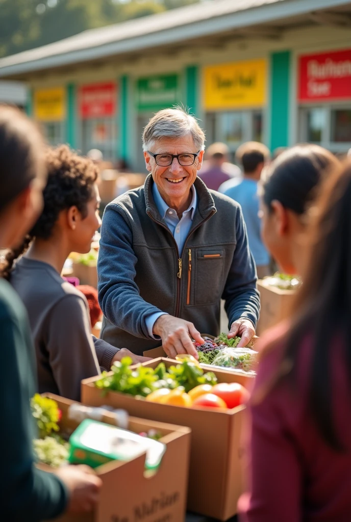 Bill Gates helping people with food