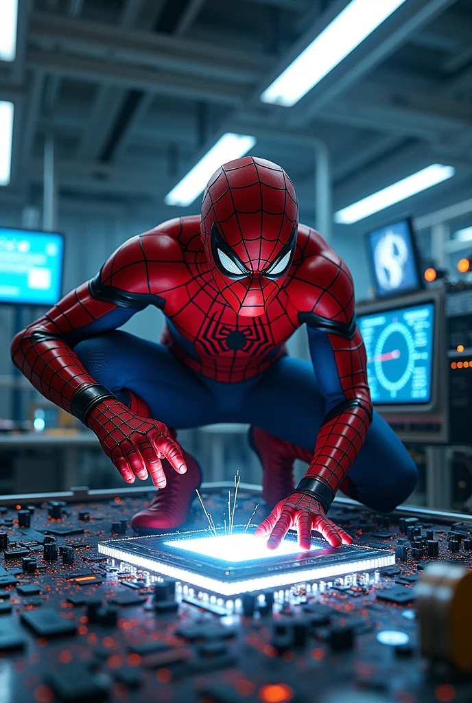 Spiderman repairing the big integrated chip