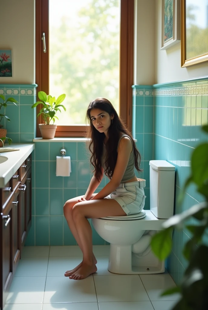 A 20 year old indian girl sitting on western toilet without cloths