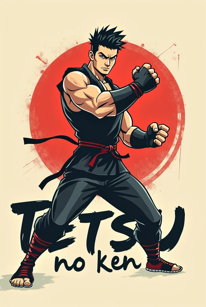 Create an iron fist logo with the name TETSU no ken. Cartoon that is not colored simple cartoon