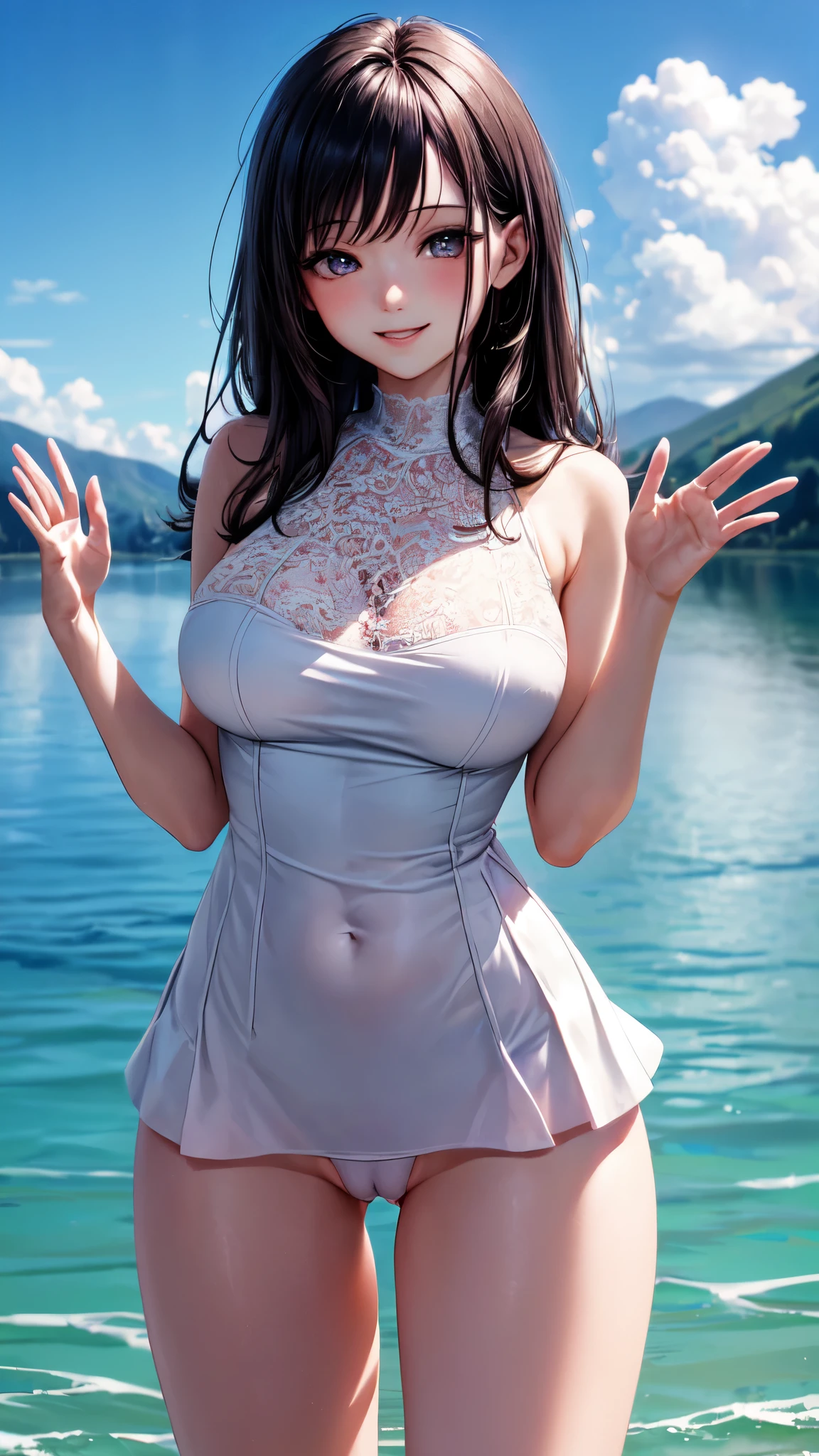 ((masterpiece,best quality,ultra detailed,high resolution)),(daytime,clear weather,professional lighting),looking viewer,((solo,beautiful-girl)),(black hair,straight hair),(beautiful detailed face,beautiful detailed eyes),(finely detailed skin,fair skin),slender,smile,(mini skirt,impossible clothes),(on the beautiful lake,beautiful sky),((cowboy shot)),(big breast,perky breast,medium hip),waving arms,((cameltoe)),