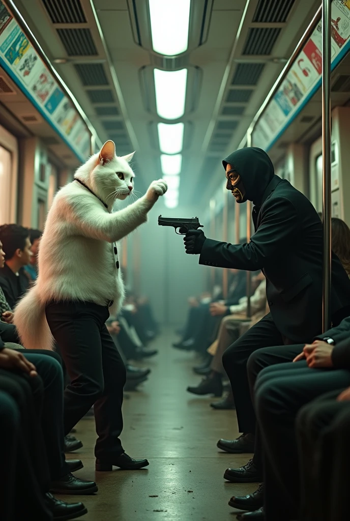 An angry all white cat Dressed in white shirt and black pant punches a man in mask and pistel in hand on face in train