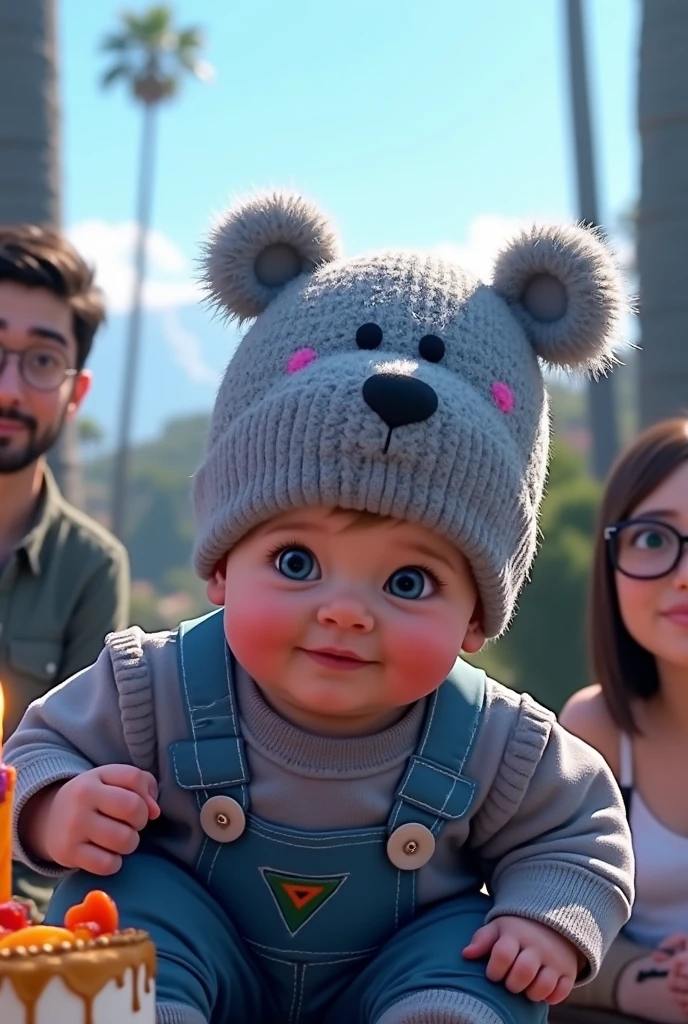 baby boy. He has light skin, short dark blond hair with bangs. Dark Blue eyes. He is smiling brightly. he is wearing a gray hat with bear face. He is wearing a blue hoodie with in mickey mouse aesthetics. Character should be colorful and have a fun, friendly look, with exaggerated, expressive features. Big expressive eyes, he is celebrating his firstbirthday, he has a beautiful cake with 1 year candle. Behind him are his family, with 4 adults celebrating with him. The father is tall, 1.90 tall, bald, strong, with a bad-ass look, with a Viking-style beard, and next to him is the mother, she is tall, with dark brown hair down to her shoulders, dark brown eyes, and wears intellectual glasses, beautiful and with a wonderful smile. She is thin. The sister is 24 years old, beautiful, and has dark brown hair. She is of average height, with big brown eyes, and wears clothes in a high-fashion Hollywood style. The brother has dark blond hair, a spiky style, and green eyes. He has a big smile, is tall, and wears American football-style clothes. The other brother is tall, with very short dark blond hair, wearing sunglasses and an Eminem-style dress. Pixar style