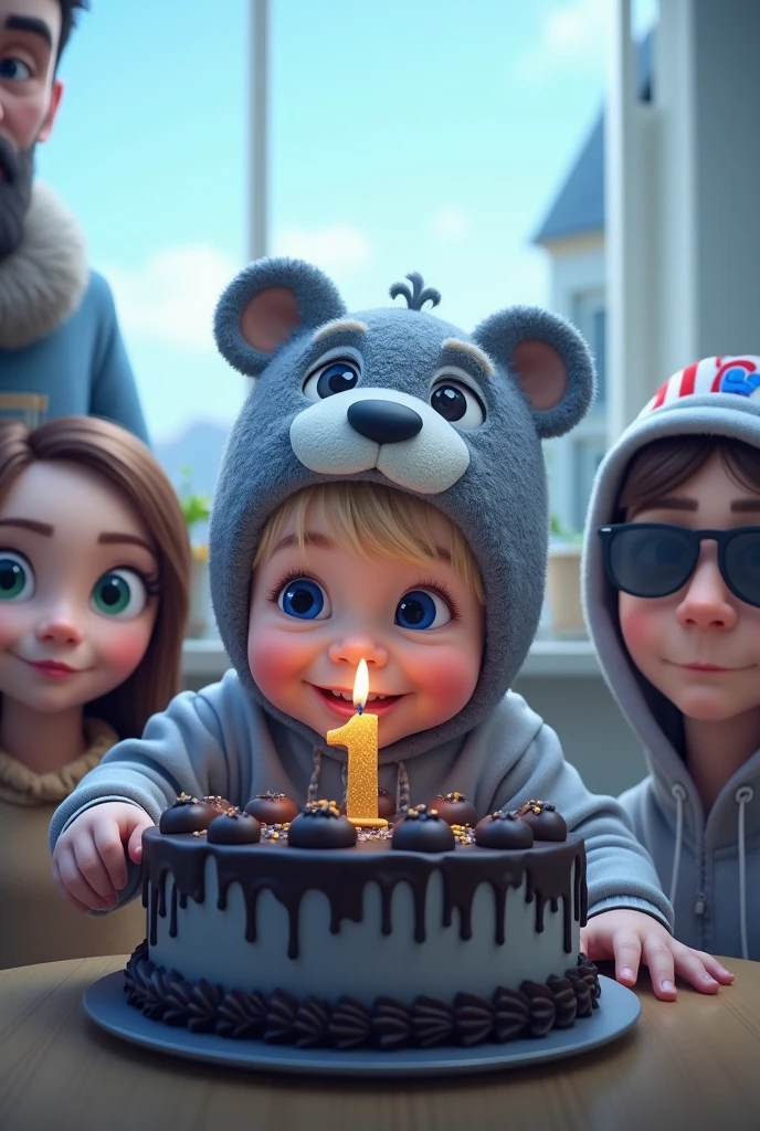 1 years old baby boy. He has light skin, short dark blond hair with bangs. Dark Blue eyes. He is smiling brightly. he is wearing a gray hat with bear face. He is wearing a blue hoodie with in mickey mouse aesthetics. Character should be colorful and have a fun, friendly look, with exaggerated, expressive features. Big expressive eyes, he is celebrating his firstbirthday, he has a beautiful cake with 1 year candle. Behind him are his family, with 4 adults celebrating with him. The father is tall, 1.90 tall, bald, strong, with a bad-ass look, with a Viking-style beard, and next to him is the mother, she is tall, with dark brown hair down to her shoulders, dark brown eyes, and wears intellectual glasses, beautiful and with a wonderful smile. She is thin. The sister is 24 years old, beautiful, and has dark brown hair. She is of average height, with big brown eyes, and wears clothes in a high-fashion Hollywood style. The brother has dark blond hair, a spiky style, and green eyes. He has a big smile, is tall, and wears American football-style clothes. The other brother is tall, with very short dark blond hair, wearing sunglasses and an Eminem-style dress. Pixar style