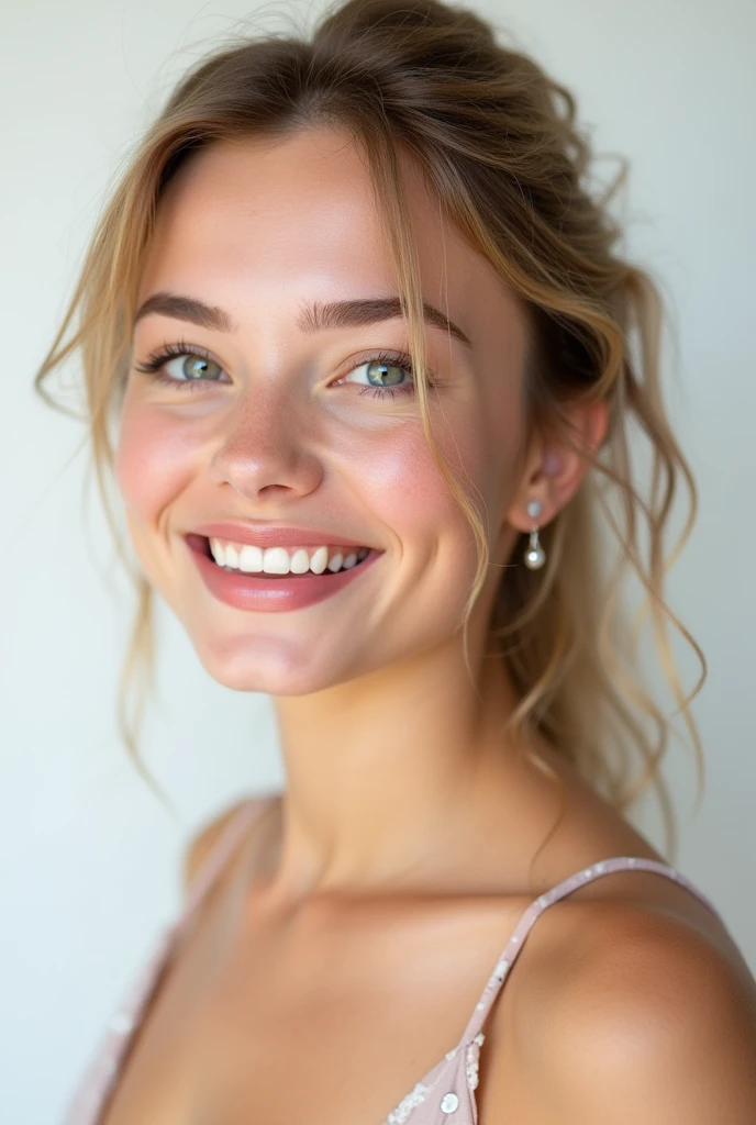 Girl 20 years old with expensive makeup and lip gloss smiling on white background