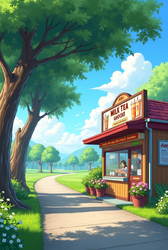 Milktea shop in right, quiet road filled with grass and tress, windy and lively