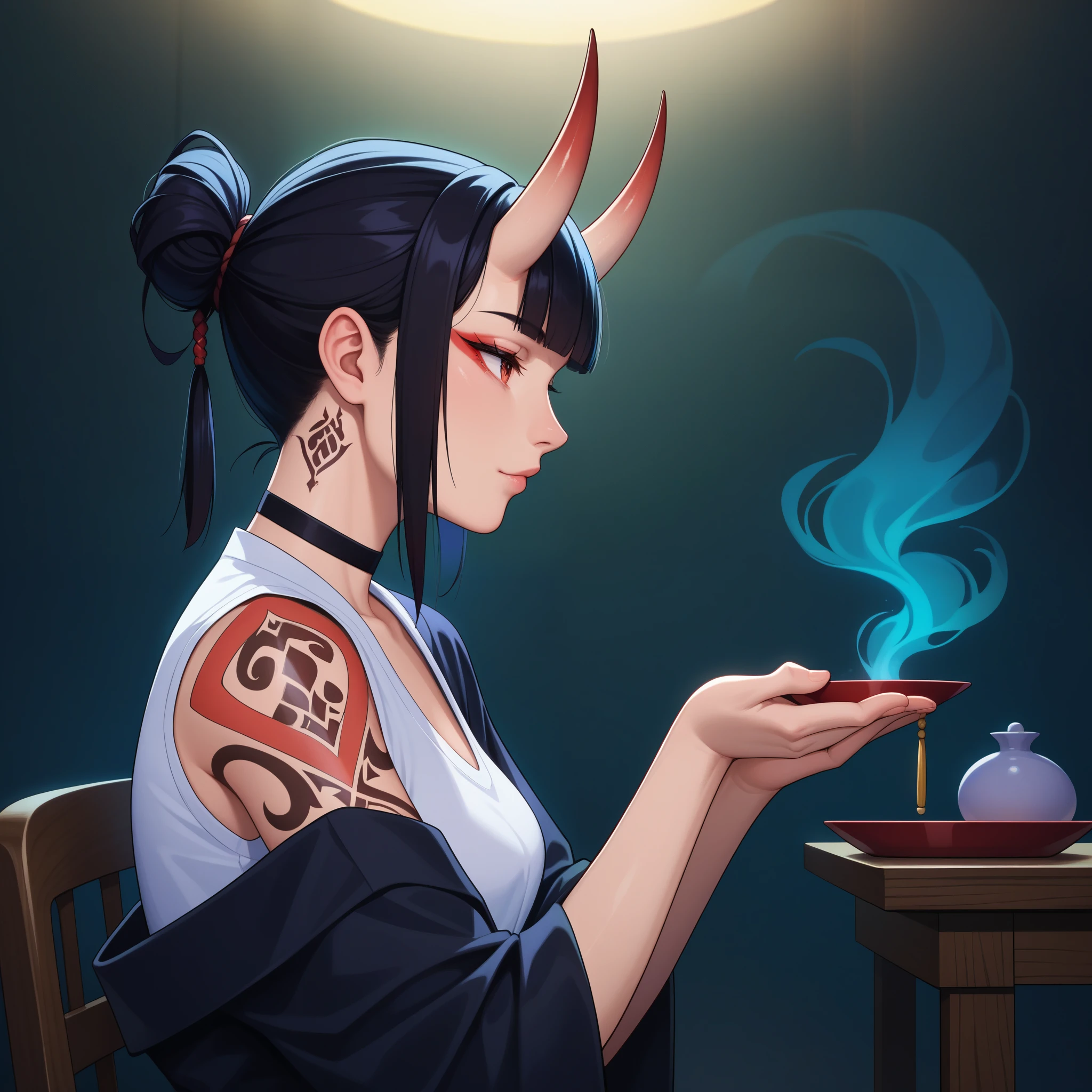 score_9, score_8_up, source_anime,
1 girl, alone, profile, pensive look, simple background, dark room, sitting on chair, snake eyes, upper body, tied hair, black hair, simple clothes, horns, white shirt, holding incense, tattoos, incense releasing smoke, black choker, background of a room, red oni horns, face resting on hand, black kimono, blunt bangs, dark aura, tattoos all over body, side view