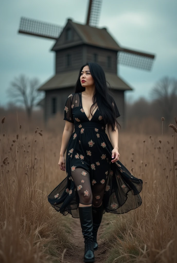 ((best quality)), ((masterpiece)), (detailed), Professional portrait, a curvy Asian woman with long black hair, wearing a black floral dress, wearing boots, walking in the middle of dry weeds, a large old unkempt mill is visible, there is a dark cloudy sky, giving a cloudy atmosphere in the afternoon