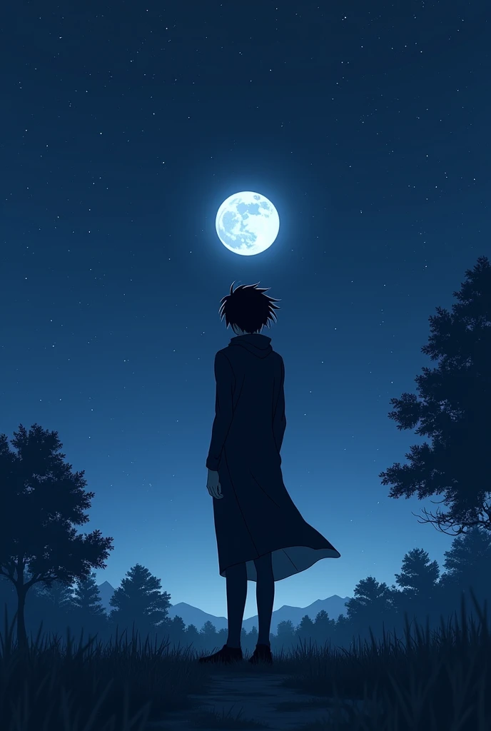 An Anime white boy, quite an atheletic physic (not much) wearing full black clothes (full hand) with hands in his pockets listening to music through earphones standing alone in a very isolated place staring at the moon without his face shown (black hair)