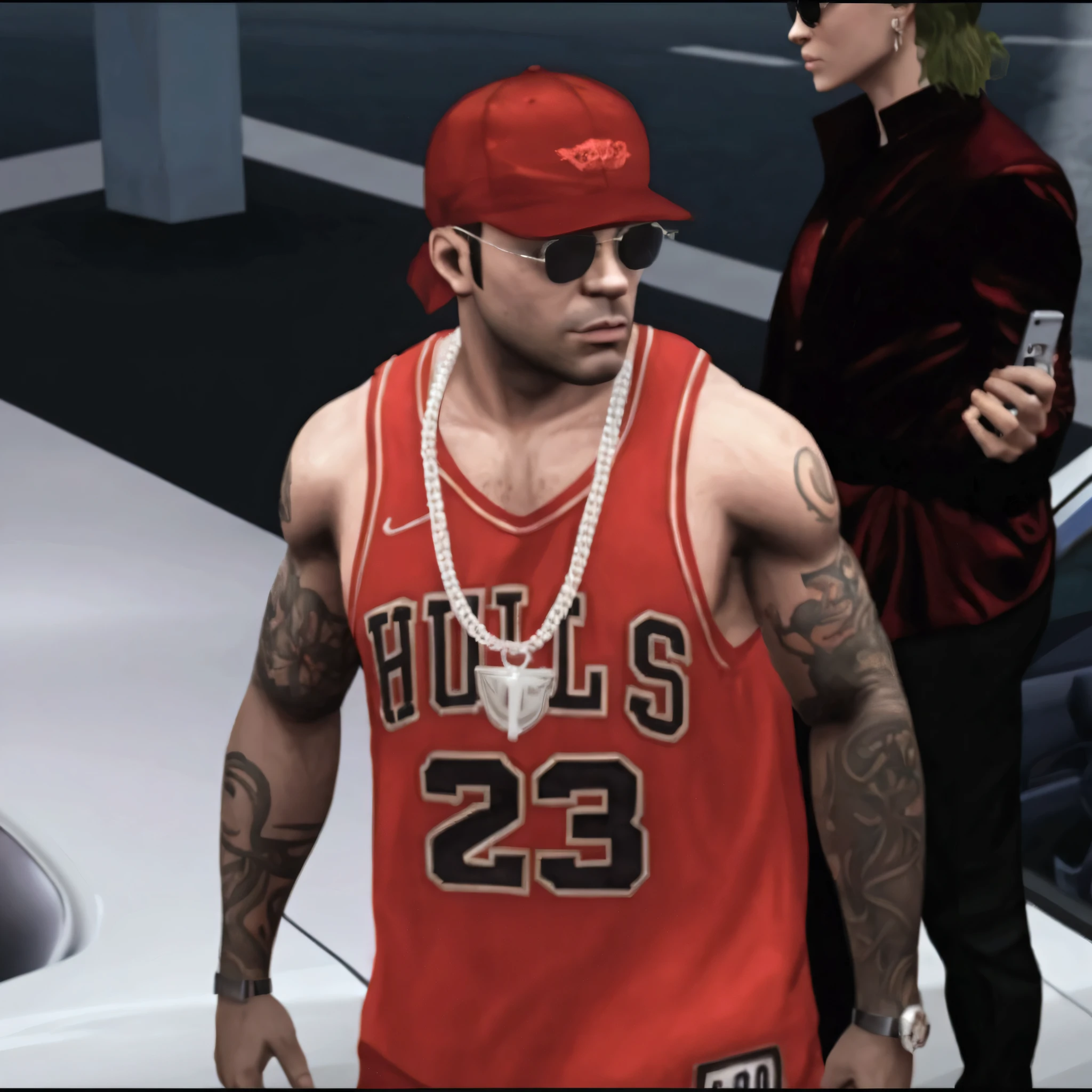 Grand Theft Auto style portrait, near luxury car