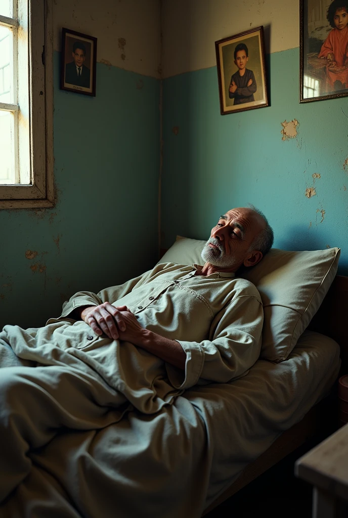 A realistic image of a modern. A poor islamic old man comes ill in bed