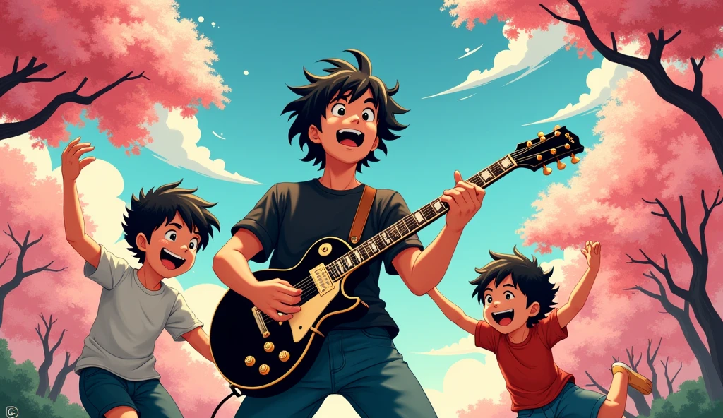 Rock Guitarist&#39;s Father、Two boys dancing、Ukiyo-e style、The guitar is a black Les Paul、Anime Style、force、Everyone is in high spirits、My father has black hair、summer、2 boys、