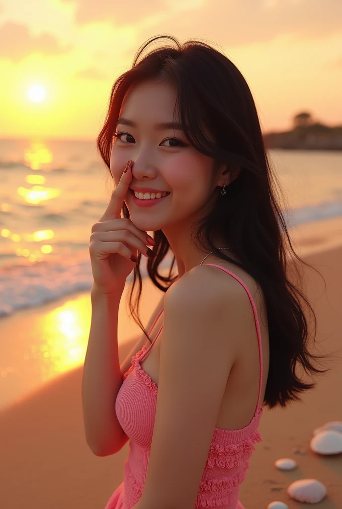 high resolution,KPOP,Seaside,Asian girl turns around and puts finger in nose,Black Hair