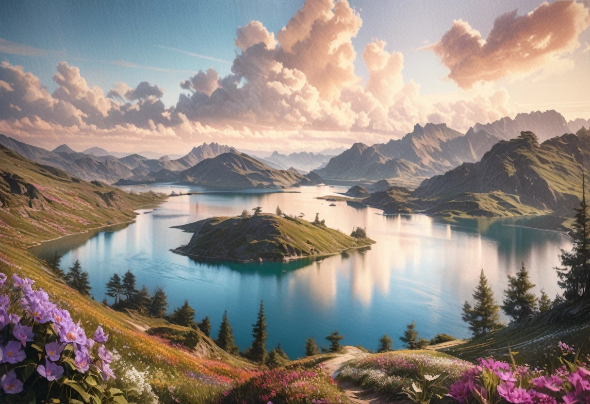 A peaceful (watercolor landscape:1.1), beautiful detailed clouds, rolling hills, lush greenery, vibrant colors, natural lighting, serene lake reflecting the sky, mountains in the distance, wildflowers blooming, soft brushstrokes, atmospheric perspective, calming color palette, photorealistic style, (best quality,4k,8k,highres,masterpiece:1.2),ultra-detailed,(realistic,photorealistic,photo-realistic:1.37)