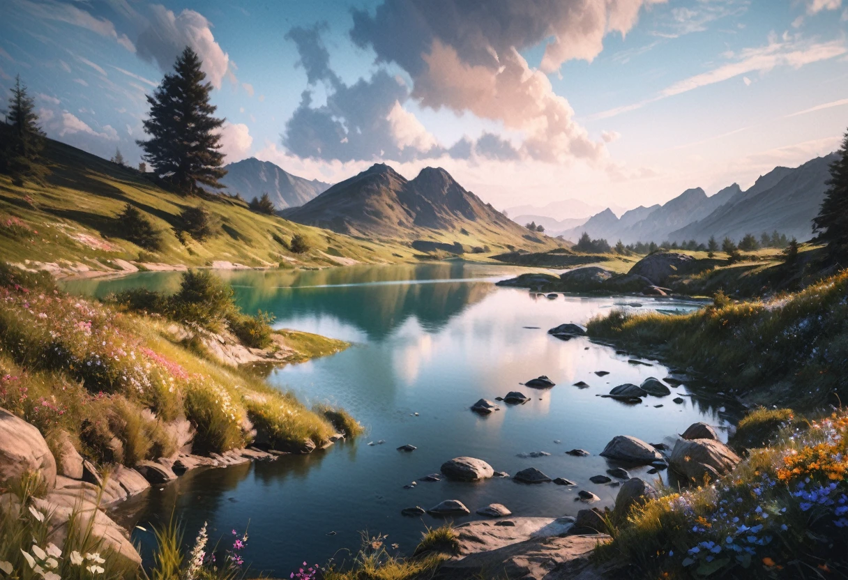 A peaceful (watercolor landscape:1.1), beautiful detailed clouds, rolling hills, lush greenery, vibrant colors, natural lighting, serene lake reflecting the sky, mountains in the distance, wildflowers blooming, soft brushstrokes, atmospheric perspective, calming color palette, photorealistic style, (best quality,4k,8k,highres,masterpiece:1.2),ultra-detailed,(realistic,photorealistic,photo-realistic:1.37)