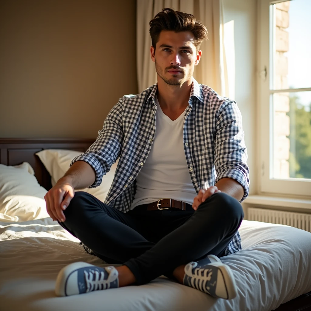 A white man, at 33 years old, model type, with short dark hair, with blue eyes, wearing a white and blue plaid shirt buttoned up, black pants with belt, tennis, sitting on a bed with the sun coming through the window
