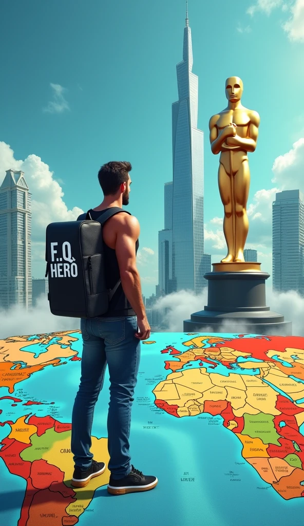 A ((good physique stylish, jeans wearing)) man standing on the world map. The back of the boy is visible. There is a ((stylish)) bag pack on his back. Fantasy word "F.Q HERO" is written on the bag. He is looking at an OSCAR in the buildings building in front of him. A realistic, aesthetic poster.