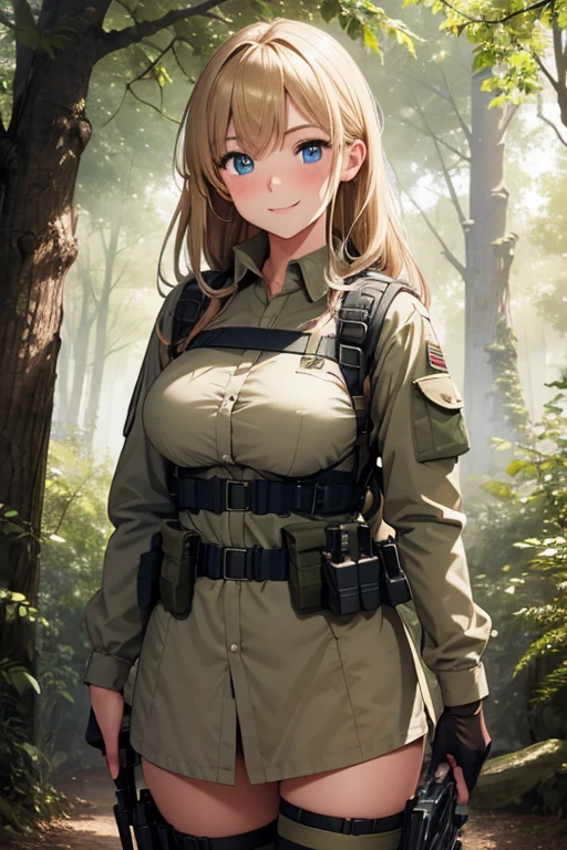 One person, High resolution, masterpiece, accurate, Highest quality, High-resolution model, High detail, Textured skin, Ultra high definition, Large Breasts, Blushing, Gaze, smile, Simple Background, Woodland Clothing、Shortcuts, army、special forces、blue eyes, Blonde, plate carrier