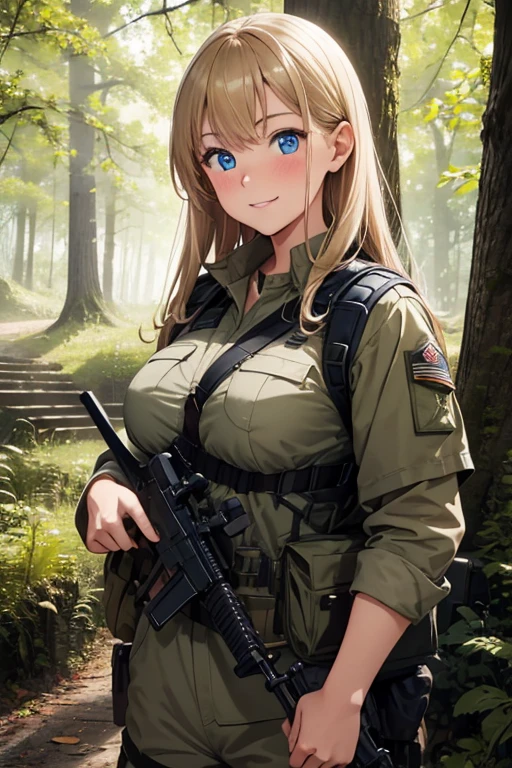 One person, High resolution, masterpiece, accurate, Highest quality, High-resolution model, High detail, Textured skin, Ultra high definition, Large Breasts, Blushing, Gaze, smile, Simple Background, Woodland Clothing、Shortcuts, army、special forces、blue eyes, Blonde, plate carrier