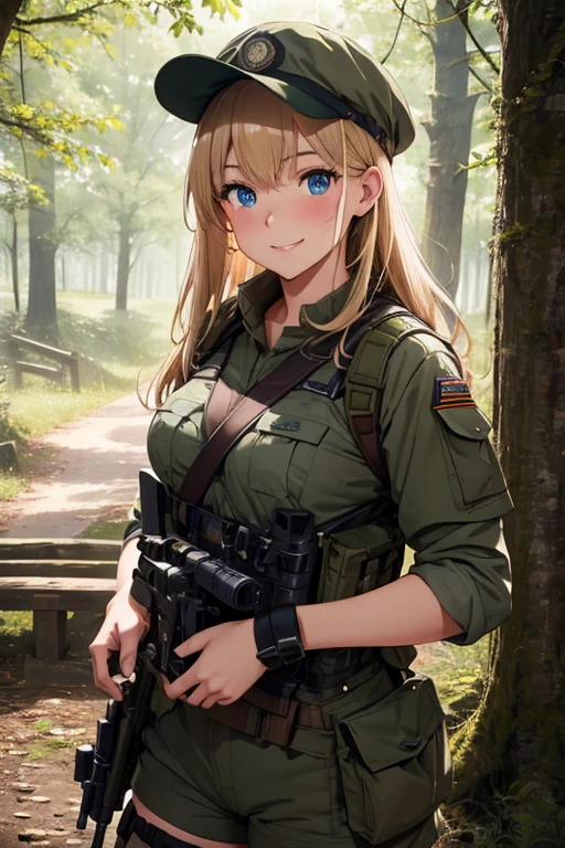 One person, High resolution, masterpiece, accurate, Highest quality, High-resolution model, High detail, Textured skin, Ultra high definition, Large Breasts, Blushing, Gaze, smile, Simple Background, Woodland Clothing、Shortcuts, army、special forces、blue eyes, Blonde, plate carrier