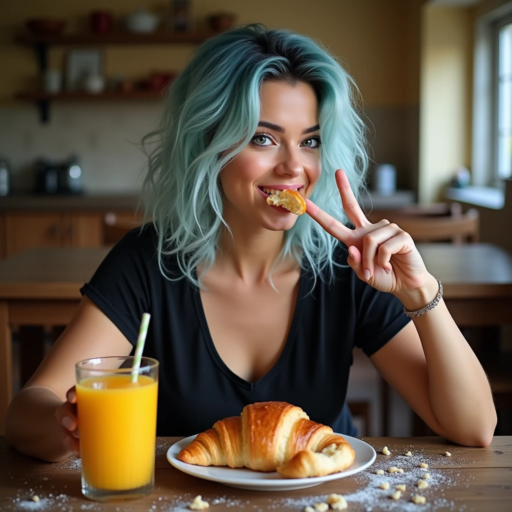 a beautiful biracial latina woman with long messy light blue hair and light blue eyes, voluptuous large breasts, wear casual black t-shirt low necked with panty, sit at the table at her home, Croissant crumb on her mouth and on the table, do V sign with one hand, chew a piece of croissant in her mouth,Résolution Haute, take a selfie pov, bitten croissant on the table, glass of orange juice on the table,Vues Multiples,
