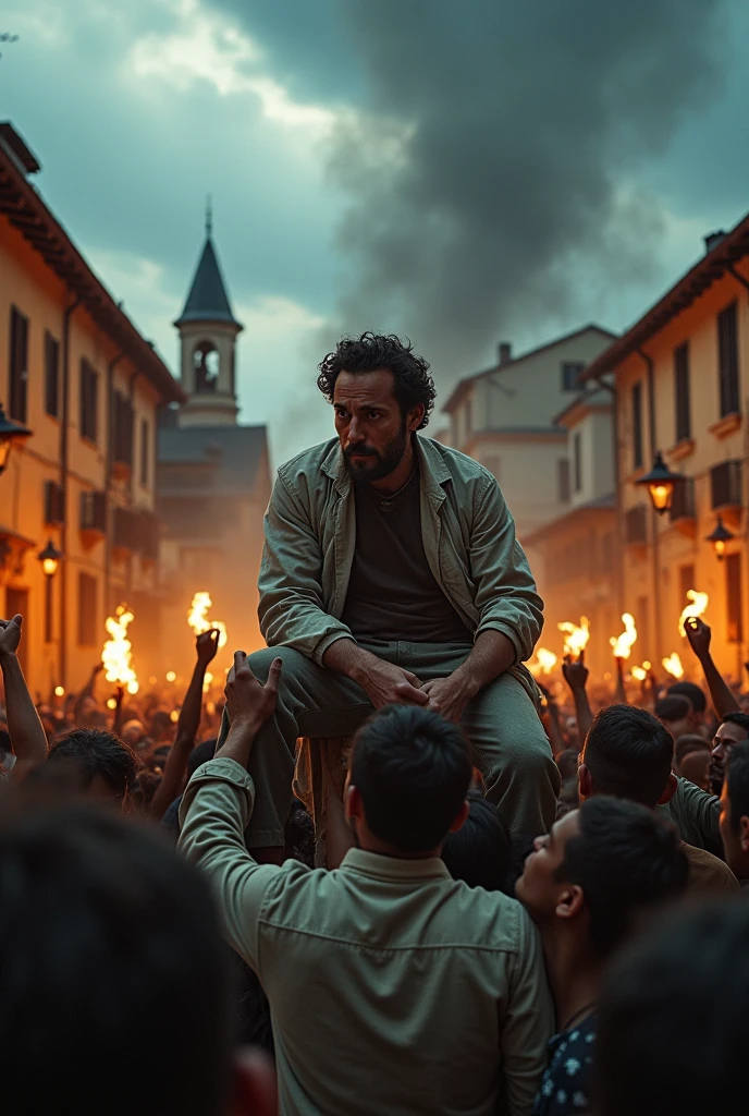 Crowd carrying the doctor, to the scientist and nurse at the stake
