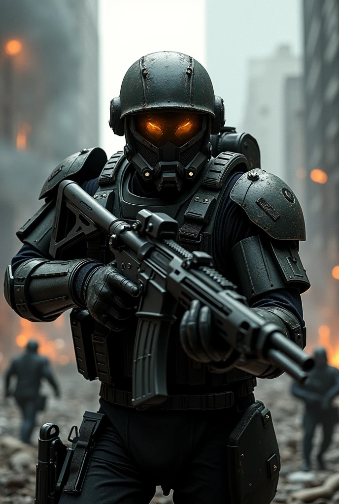 Helghast soldier in Killzone style, front view, holding a machine gun, aiming forward, with a devastated city in the background, amidst war with several other soldiers, dramatic and dark lighting, detailed, realistic, UHD, trending on Artstation, in the style of Jan-Bart van Beek, Killzone