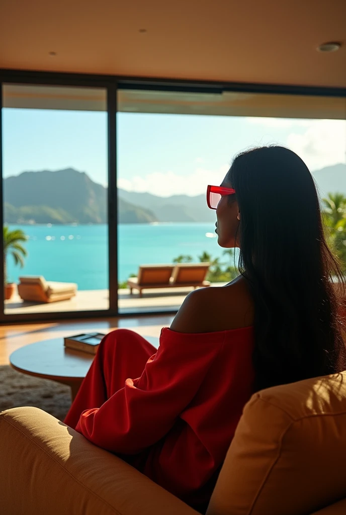 african girl, 19 ans, long black hair, red glasses, sitting in a large luxury modern living room, tan furniture, dark lighting, day, panoramic view of Hawaii out of the window, wearing acne studio