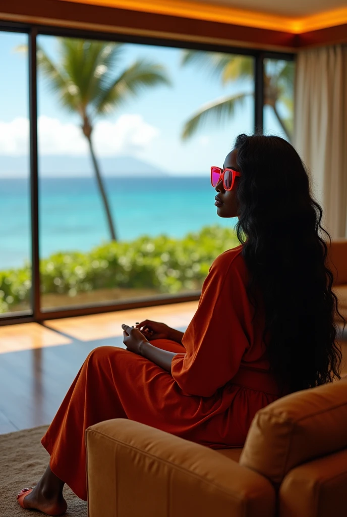 african girl, 19 ans, long black hair, red glasses, sitting in a large luxury modern living room, tan furniture, dark lighting, day, panoramic view of Hawaii out of the window, wearing acne studio