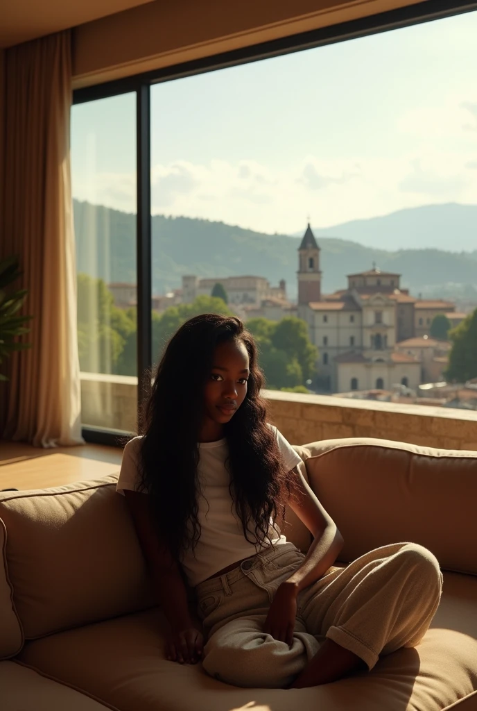 african girl, 19 ans, long black hair, sitting in a large luxury modern living room, tan furniture, dark lighting, day, panoramic view of italy out of the window, wearing pacsun