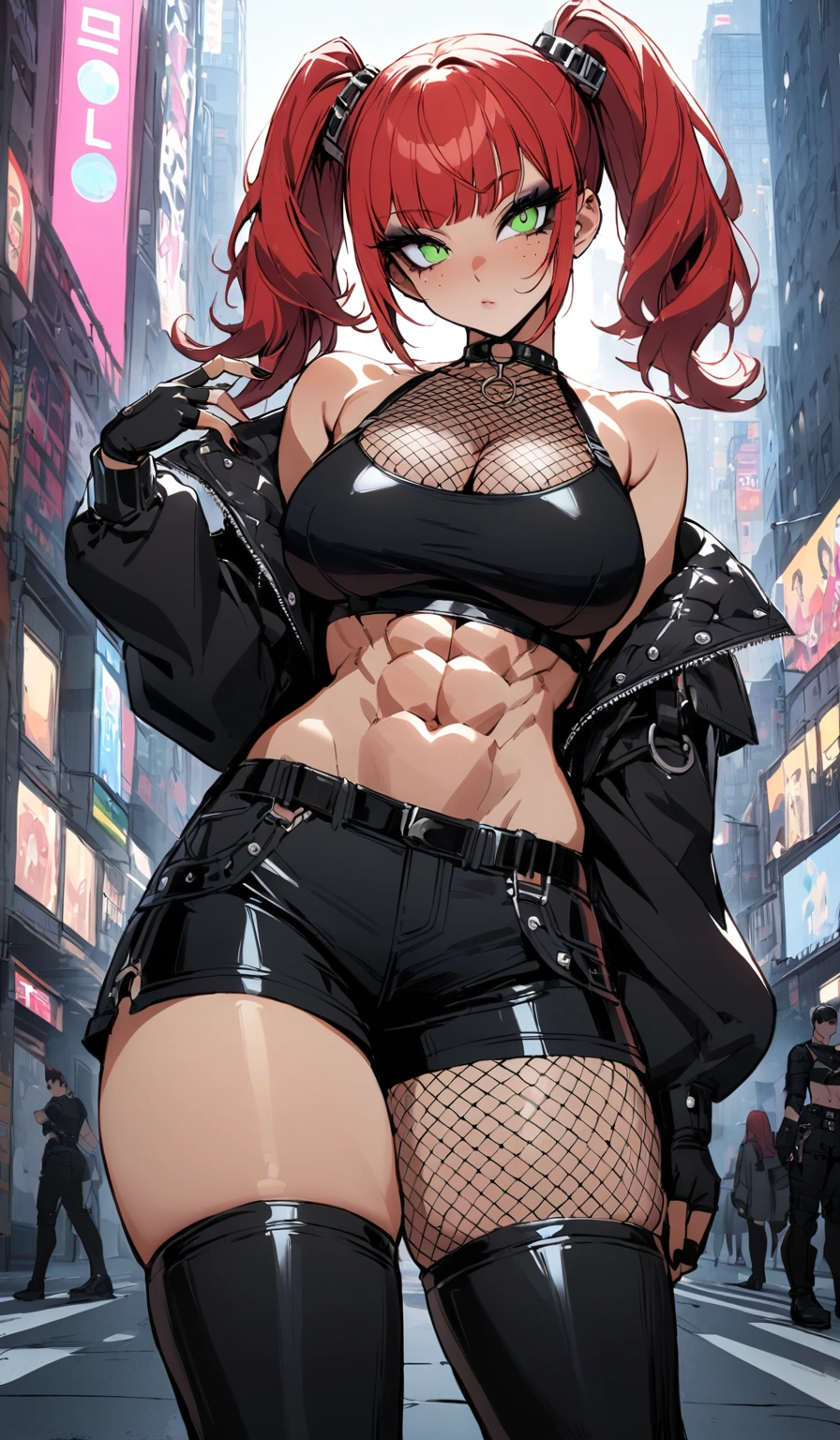 woman, curly red hair in pig tails, green eyes, black eyeshadow, wearing crop top black shirt, long black jacket, black hot pants, black knee high boots, black fingerless gloves, exposed shoulders, large breasts, freckles, abs, cleavage, looking at viewer, masterpiece, best quality, Holo-Punk Style, in the city, make up, eyelashes, fish net undershirt, fish net stockings