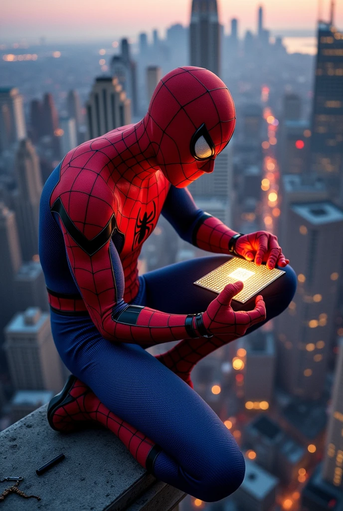 Spiderman sitting,repairing the big chip