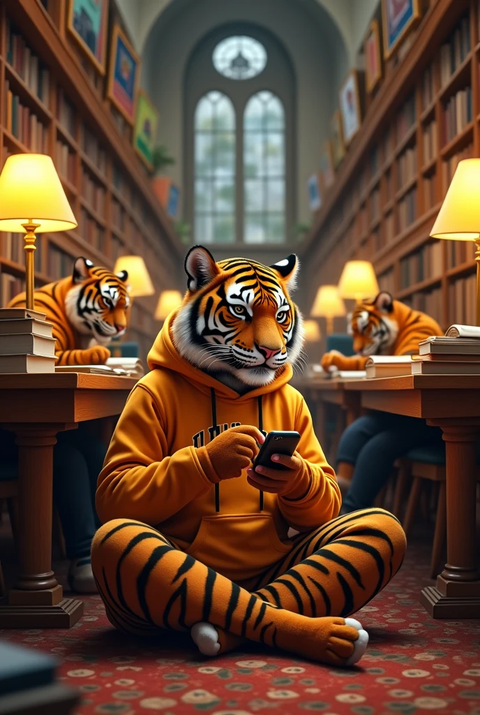 They create a university tiger playing with his cell phone in the library while his other tiger friends are studying