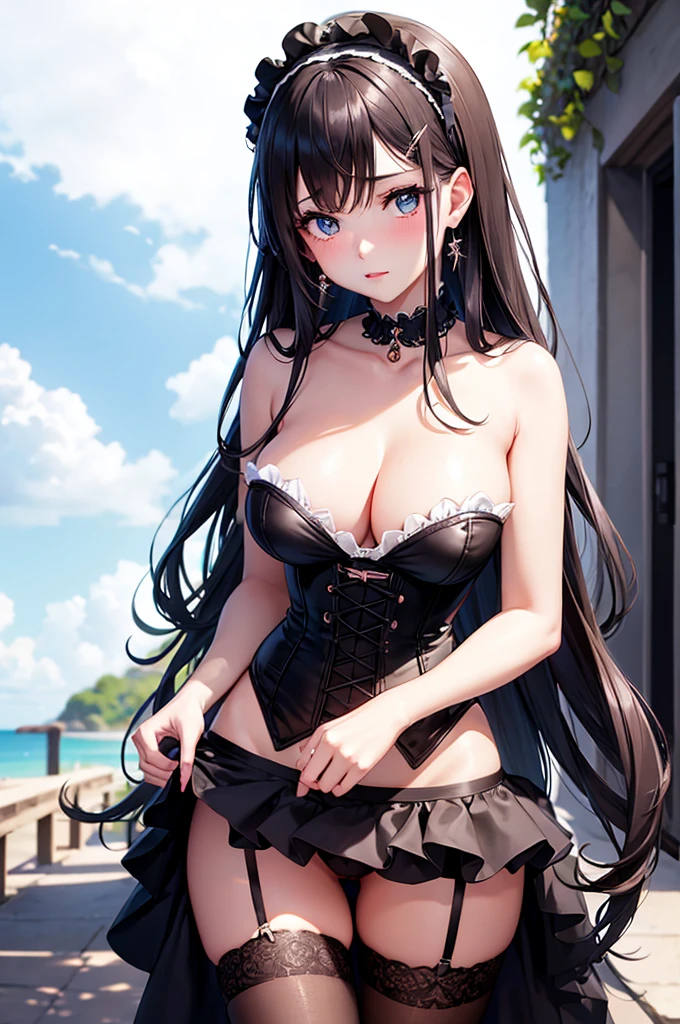 A beautiful girl in a corset and stockings posing for a photo, anime girl, flower garden with wooden benches, blue sky with white clouds, big rounds breasts, choker with bell, strapless corset, thigh highs, lace panties, beautiful detailed face and eyes, perfect anatomy, dark brown hair, long bangs, long hair, wavy hair, expressive hair, shiny hair, tied hair, hairclip, jewelry, ta hairband, aqua eyes, glowing eyes, pupils sparkling, earrings, red lips , glossy lips, shy, embarrassed, blush, nervous, high detail, anime, anime style, cinematic lighting, image fill, framed, head out of frame, pov, multiple views, perspective, panorama, lens flare, Wide-Angle, f/1.8, 85mm, Nikon, 8k, super detail, UHD, retina, masterpiece, accurate, anatomically correct, textured skin, high details, best quality, highres, 16k