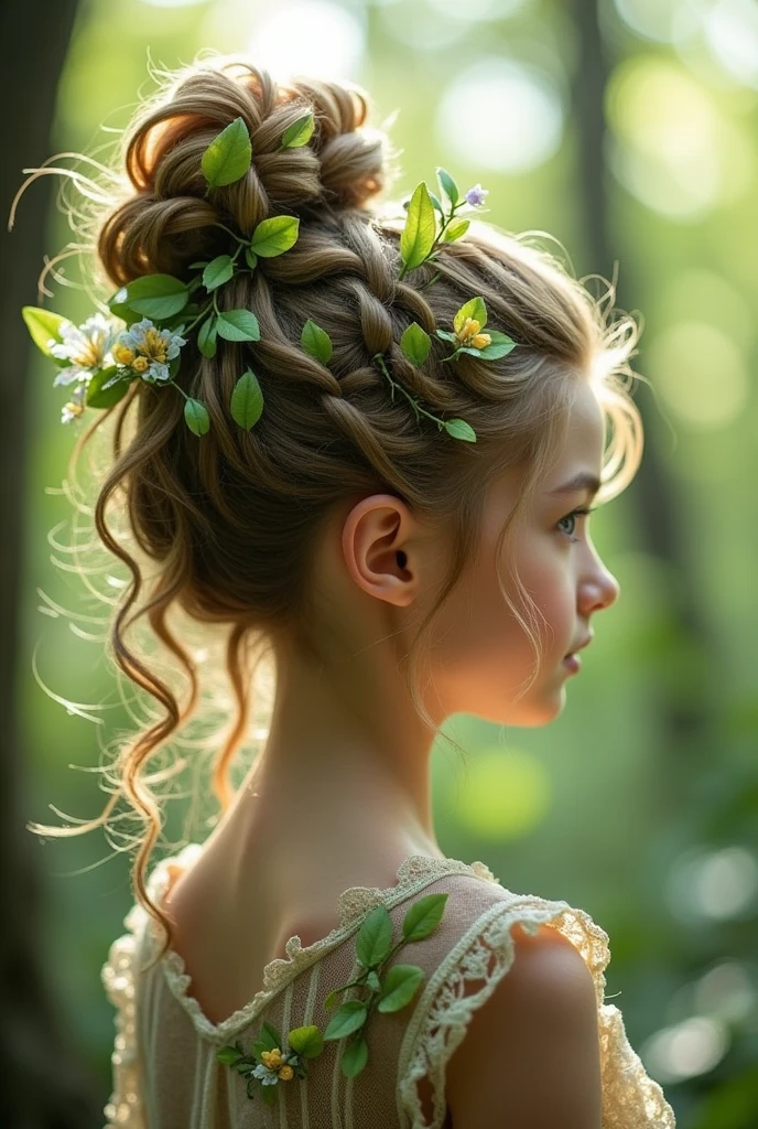 Can you give me a fairy-inspired hairstyle?, Let it be a hair updo with tree leaves and some strands in front with flowers hanging down