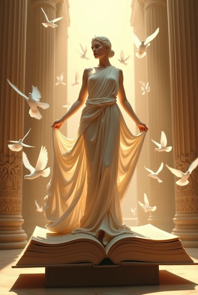 The goddess in a long skirt stands on a book,Ancient Greek mythology,Sculptural style,Behind is the golden light,White doves around