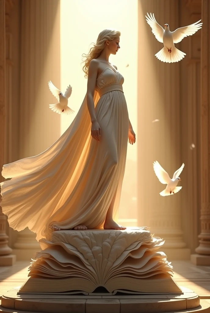 The goddess in a long skirt stands on a book,Ancient Greek mythology,Sculptural style,Behind is the golden light,White doves around