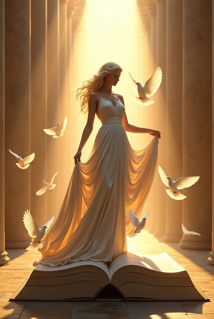 The goddess in a long skirt stands on a book，Ancient Greek mythology，Sculptural style，Behind is the golden light，White doves around