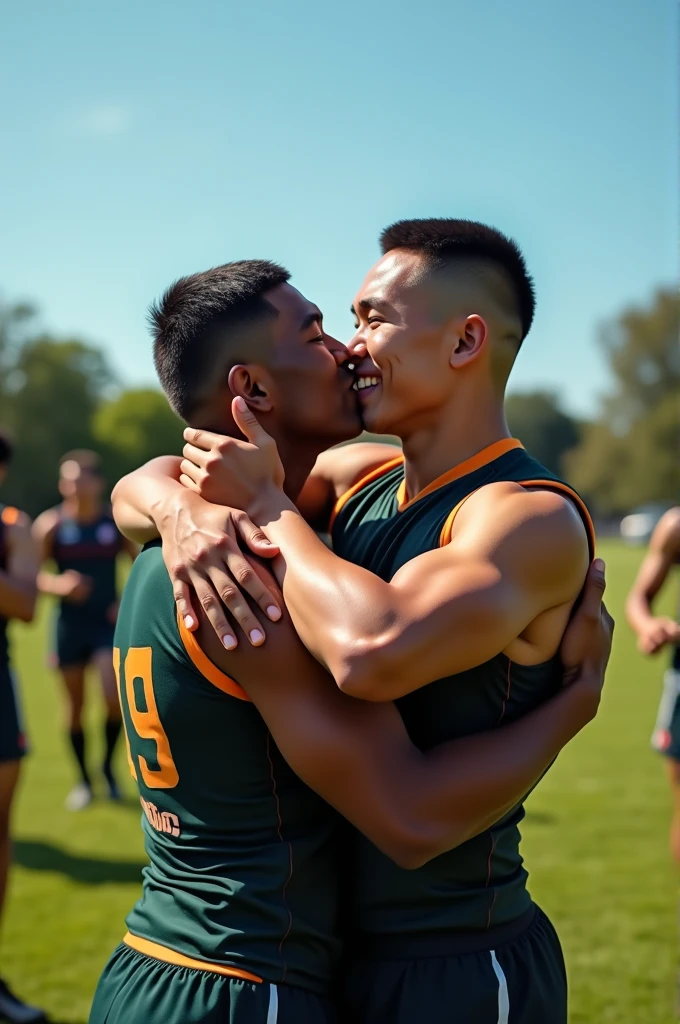 Asian young rugby player A and Asian rugby player B。A has a buzz cut and dark skin、Muscular。Wearing sleeveless rugby uniforms。B has short hair and is a muscular jock。A and B kiss and embrace each other tightly after a rugby match.