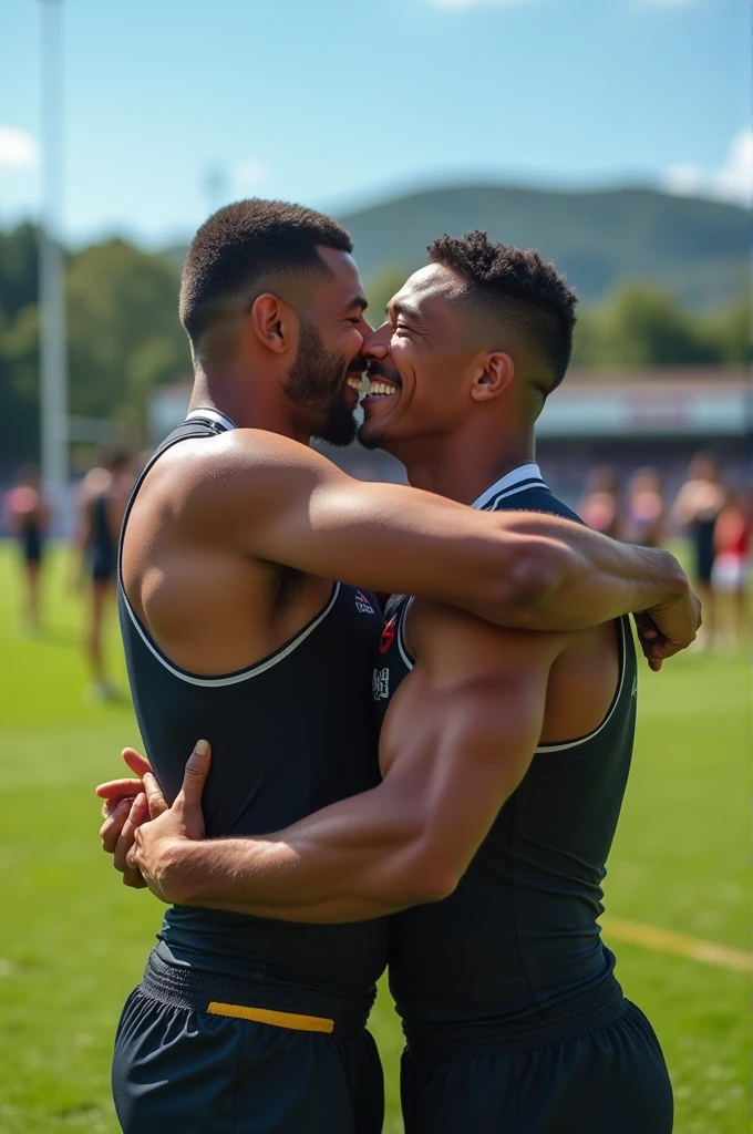 Asian young rugby player A and Asian rugby player B。A has a buzz cut and dark skin、Muscular。Wearing sleeveless rugby uniforms。B has short hair and is a muscular jock。A and B kiss and embrace each other tightly after a rugby match.