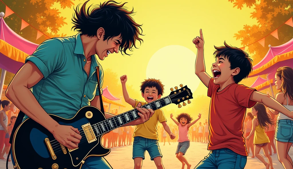 Rock Guitarist's Father、Two boys dancing、Ukiyo-e style、The guitar is a black Les Paul、American comic style、force、Everyone is in high spirits、My father has black hair、summer、2 boys、