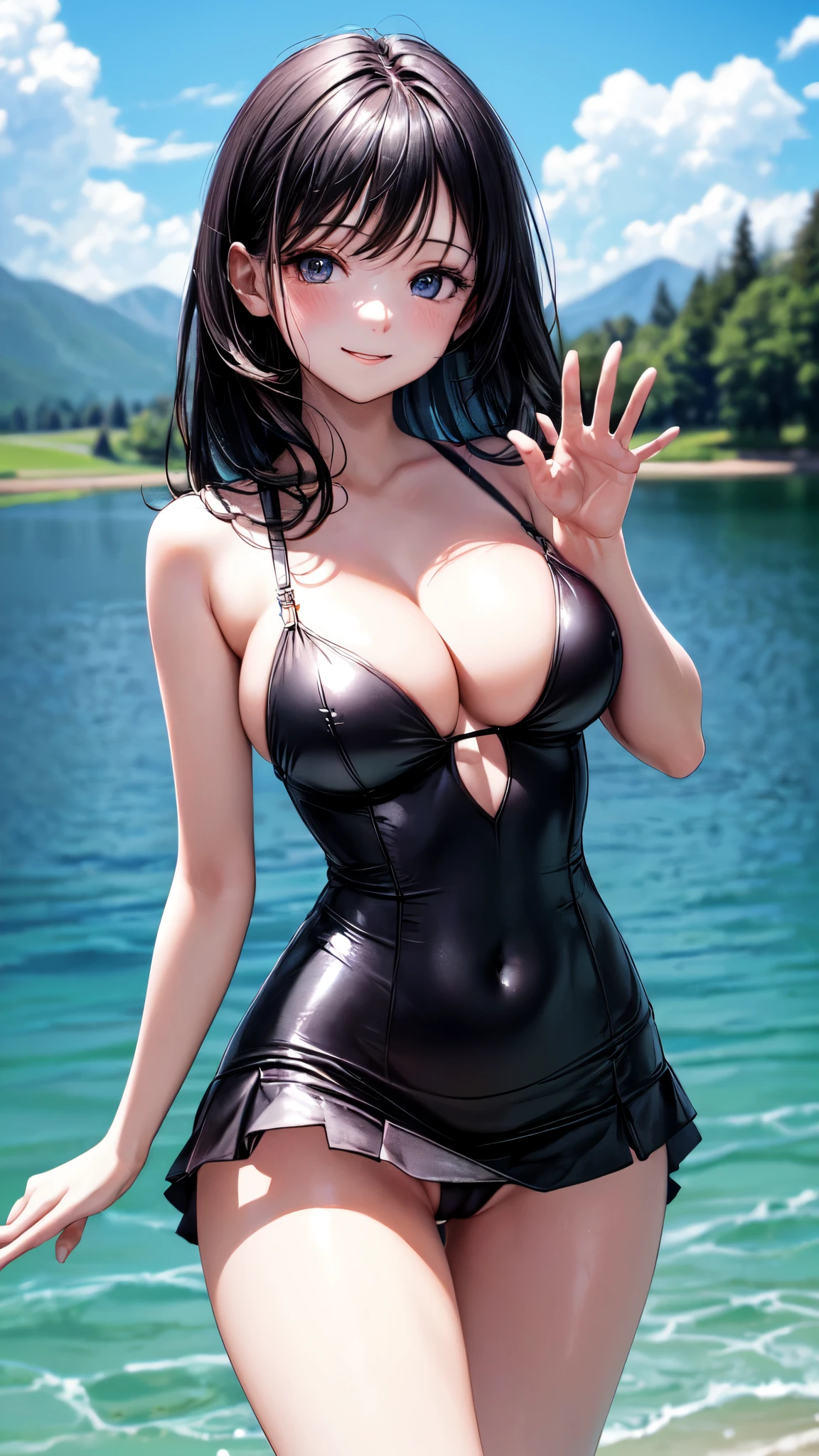 ((masterpiece,best quality,ultra detailed,high resolution)),(daytime,clear weather,professional lighting),looking viewer,((solo,beautiful-girl)),(black hair,straight hair),(beautiful detailed face,beautiful detailed eyes),(finely detailed skin,fair skin),slender,smile,(mini skirt,panty,impossible clothes),(on the beautiful lake,beautiful sky),((cowboy shot)),(big breast,perky breast,medium hip),waving arms,((cameltoe)),