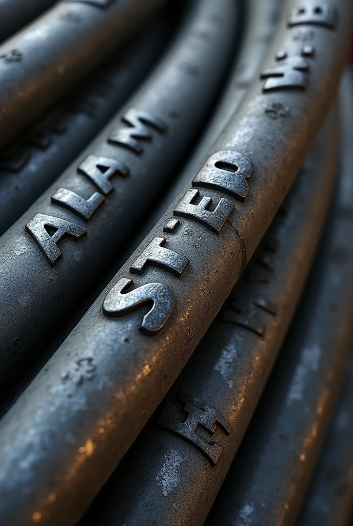 Generate a high-quality, detailed image of a steel rebar (sariya) with visible ribs running along its length. The rebar should have the text "ALAM STEEL" embossed deeply into the surface, in bold, industrial-style lettering that wraps around the rebar's curvature. The ribs should be pronounced, following the spiral pattern typical of reinforced steel bars. The text "ALAM STEEL" should look like it's been stamped or engraved into the metal, maintaining a strong, durable appearance, with the metallic texture and sheen clearly visible. Ensure that the overall design of the rebar reflects the realistic look of a construction-grade steel rod with all the characteristic features.
