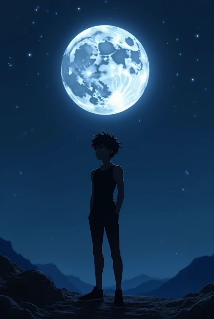 An Anime white boy, quite an atheletic physic (not much) wearing full black clothes (full hand) with hands in his pockets listening to music through earphones standing alone in a very isolated place staring at the moon without his face shown (black hair)