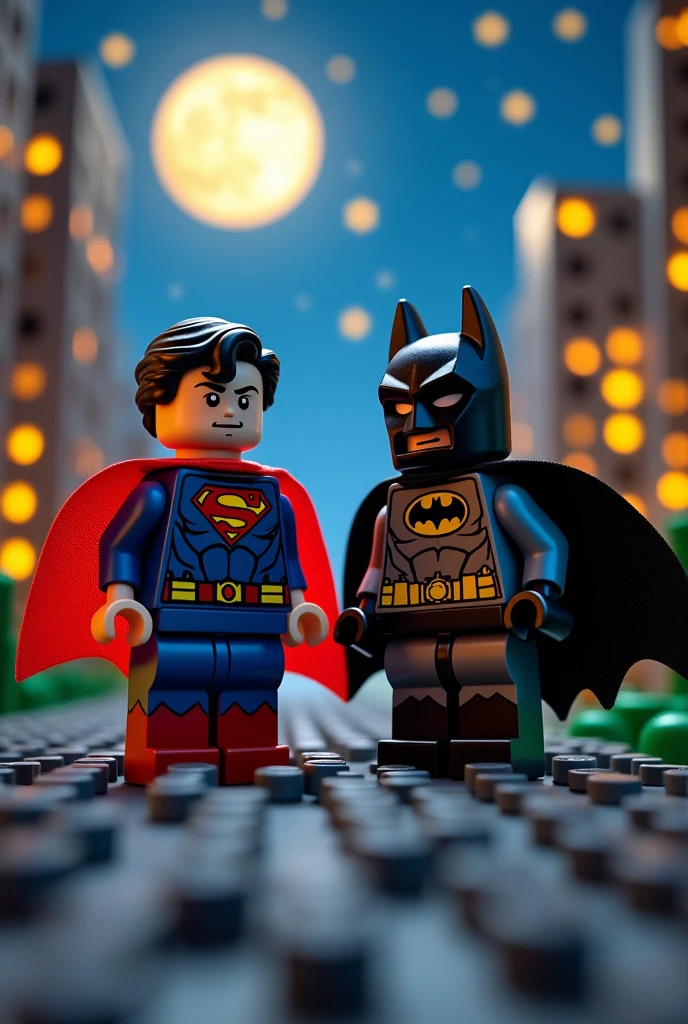 Superman and Batman in lego art, night