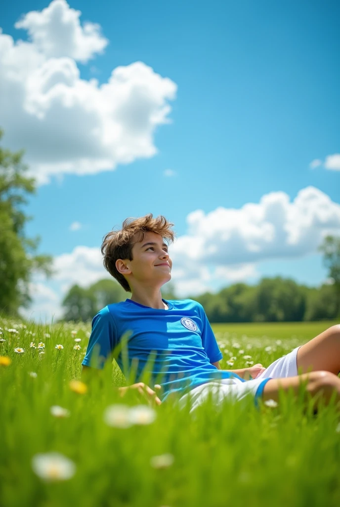 A 18 year old boy wearing jersey lying in a big  grass field (wide photo)