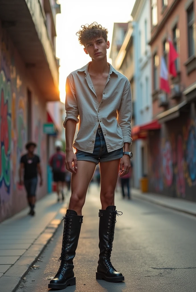 Young man, Scrawny, with long sleeve shirt, short shorts and knee-high boots