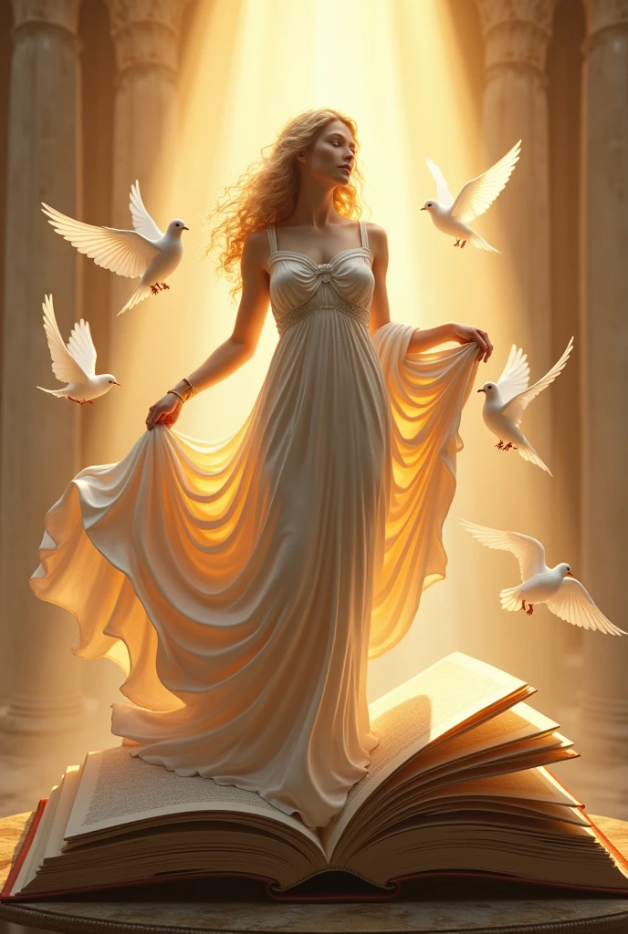The goddess in a long skirt stands on a book,Ancient Greek mythology,Sculptural style,Behind is the golden light,White doves around