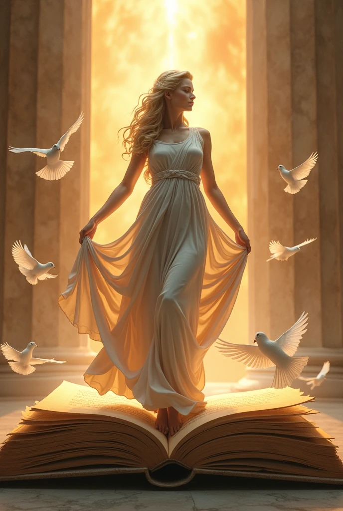 The goddess in a long skirt stands on a book,Ancient Greek mythology,Sculptural style,Behind is the golden light,White doves around
