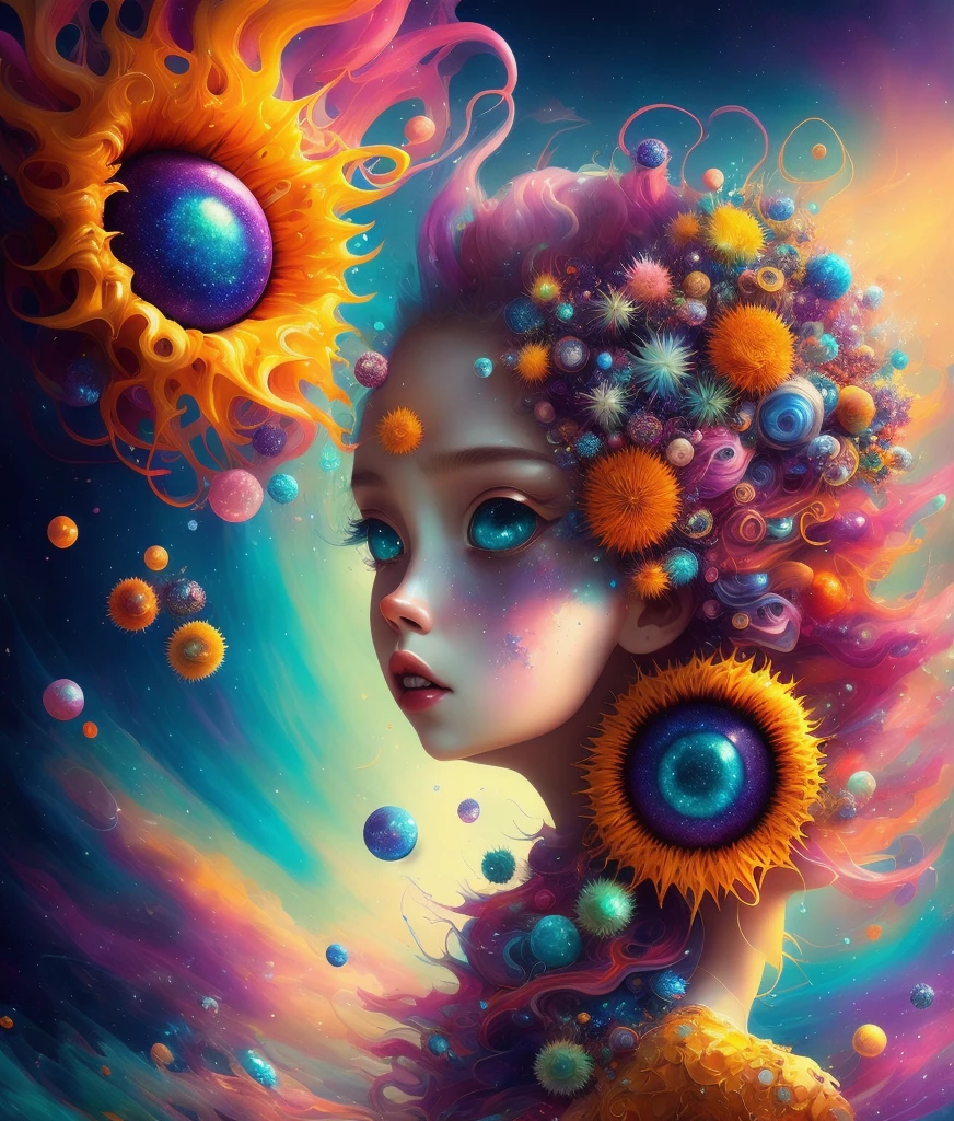 Color Pop Style, Photo photo portrait of the sun surrounded by satellites of orbiting planets, blonde spiky hair, natalie shau, Mark Ryden, Alberto Seveso, Brooke Shaden, Anna Dittmann, Flora Borsi, 8K resolution, Perfect composition, Milky way, Rainbow Color, Flying insects, scales, Wings, Blue, Texture, with an intricate, Gorgeous, Shadow, Pastel colors, 。.3D, Highly detailed, Stylishly decorated, Tim burton, Dale Chihuly, Xiaolongcheng, by Cyril Rolando, by J. Jeeg